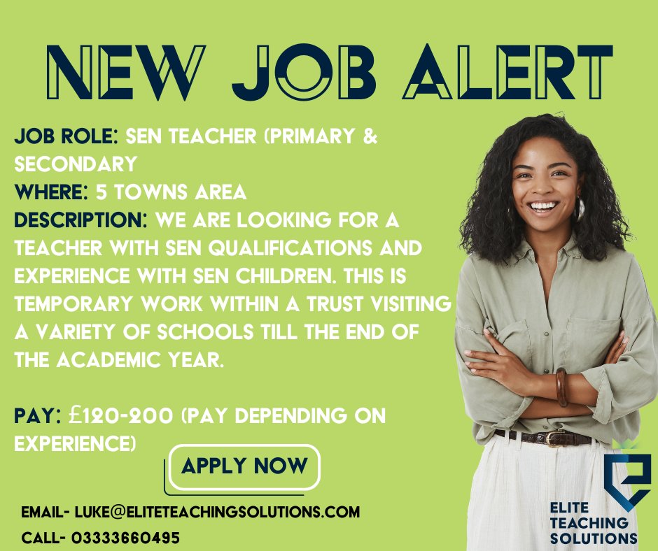 We are delighted to announce a new job in the 5 towns area. If you are interested in this role, please apply by clicking on the link below. 

Job- Temporary
Teaching- Variety of primary schools
Where- 5 towns area
Pay- £120-200
Apply- ow.ly/OX6h50QrLfv