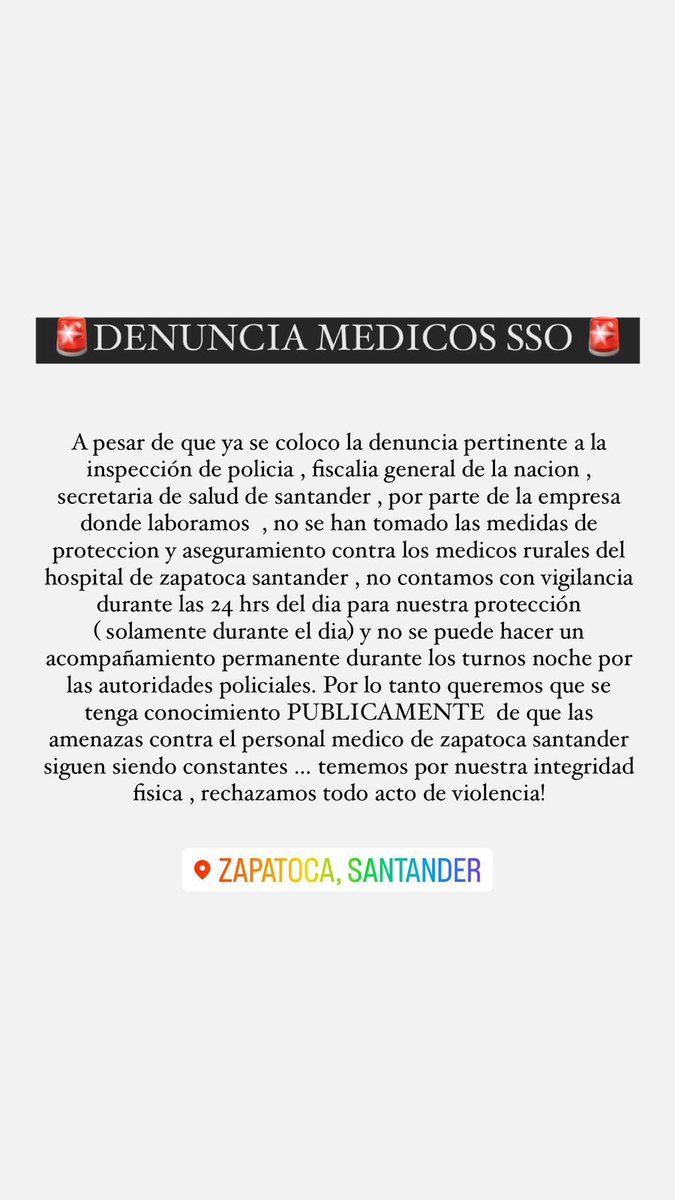 Los médicos rurales de Zapatoca, Santander están siendo amenazados, intimidados y atacados por personas de la región. 

Desde ANIR rechazamos este tipo de actos hacia cualquier profesional de la salud y pedimos el apoyo de <a href="/MinSaludCol/">MinSalud Colombia 🇨🇴</a> <a href="/GobdeSantander/">Gobernación de Santander</a> ¡Necesitamos garantías!