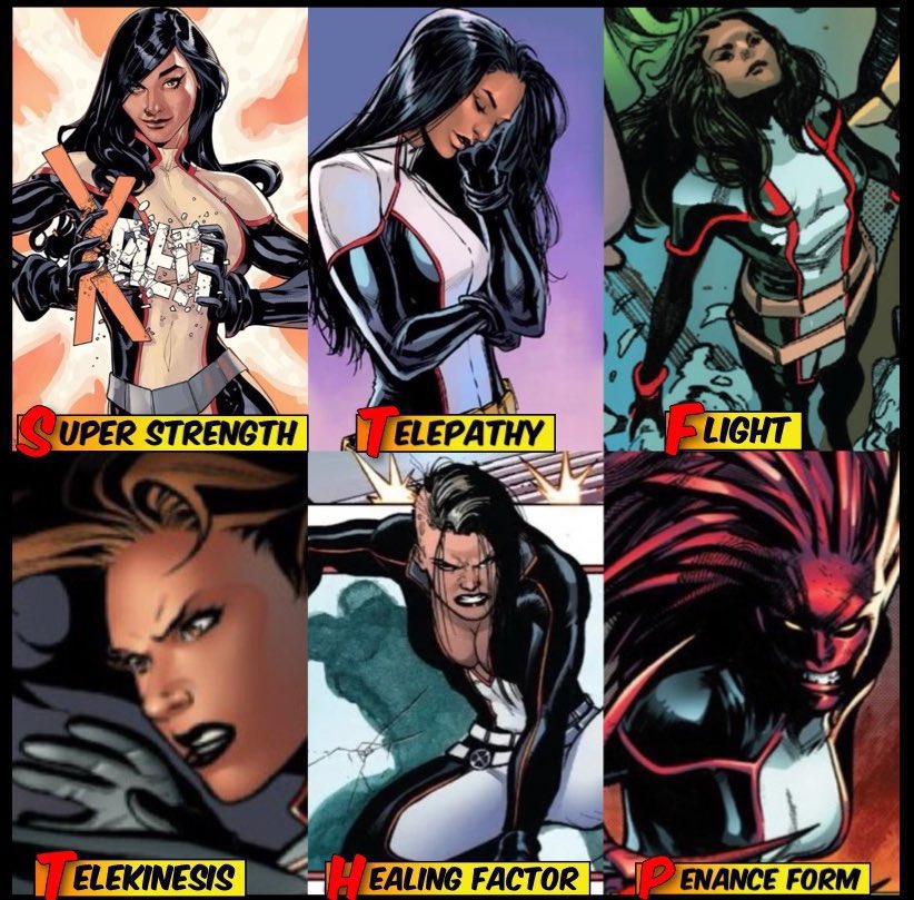 PerfectMonet's tweet image. M is for MIGHTY MONET

-Superhuman strength/speed/dexterity/reflexes/vision/hearing and endurance
-Genius level intellect
-Accelerated healing factor
-Invulnerability 
-Supersonic Flight
-Telekinesis
-Telepathy
-Penance form 
-Ability to perceive mutant auras/body heat 
#XMen