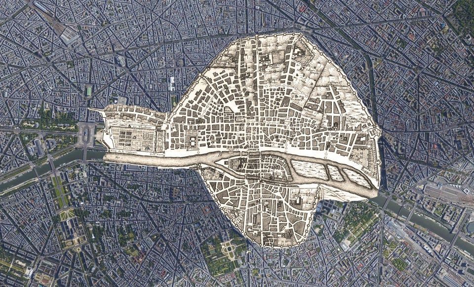 This view shows a 1422 map of Paris on top of today's Paris. Source: buff.ly/3eYvpxo