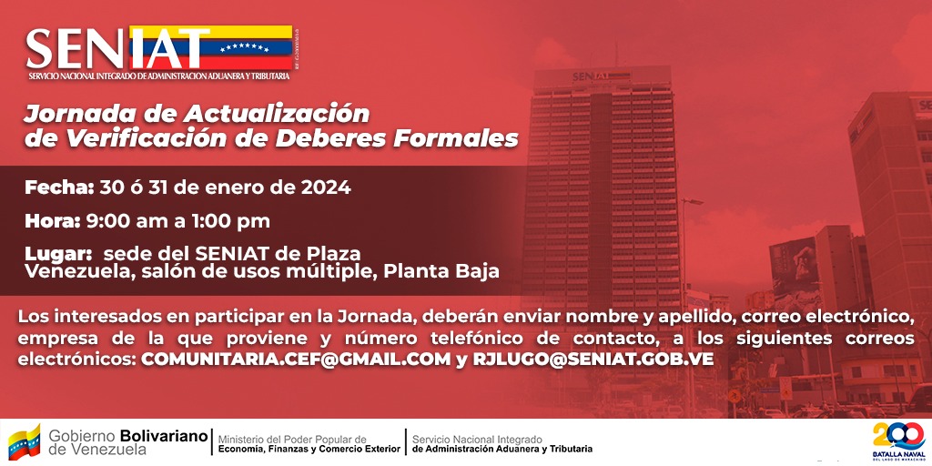 SENIAT_Oficial's tweet photo. @SENIAT_Oficial invita este 30 y 31 de enero, a todos los contribuyentes a actualizar sus deberes formales con la finalidad de mantenerse al día con su responsabilidad tributaria, desde las 9:00 AM a 1:00PM en la Sede del SENIAT de Plaza Venezuela, salón de usos múltiples. https://t.co/rHLsmW3ooD