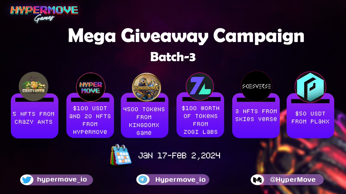 gameterminal_'s tweet photo. ๐ฅณWe are thrilled to unveil our Batch 3 of Mega Campaign with phenomenal partners .
๐ช To Enter:
Follow @hypermove_io
Like, RT this post, and tag 3 friends
Complete quests: https://t.co/wp2ZiIgg6W
https://t.co/Ra8ZwlxlJB
๐
Dec 17, 2024 - Feb 2, 2024
Included partners: @ZogiLabs, @crazyantsonline, @skies_verse, @KingdomXGame, @PlanX_DEX