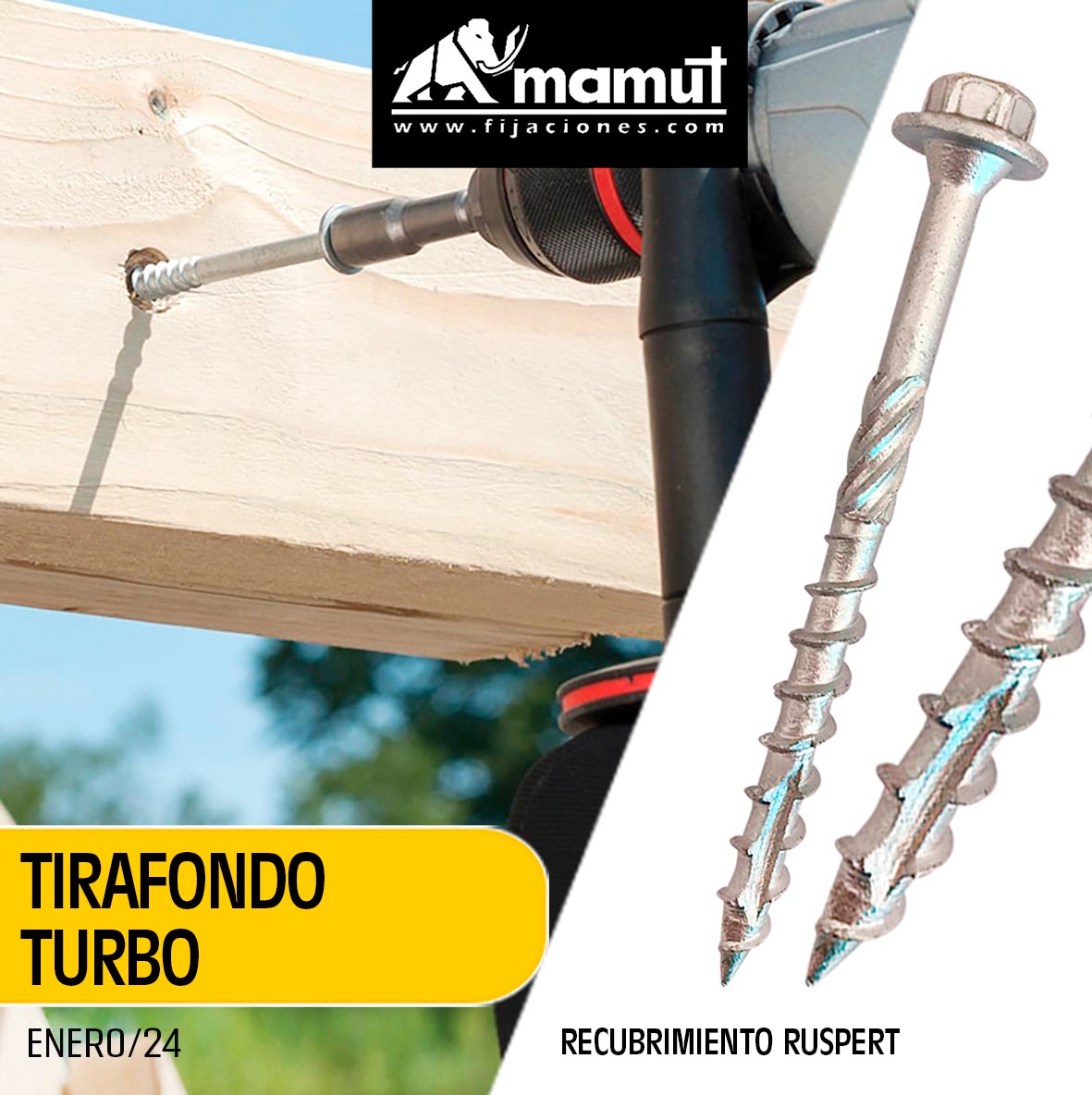 El Tirafondo Turbo es un tornillo diseñado para usar en todo tipo de maderas macizas y estructurales (Laminada y CLT). 
Al tener cabeza hexagonal permite mayor apriete, sobre todo en ensambles de vigas y pilares.