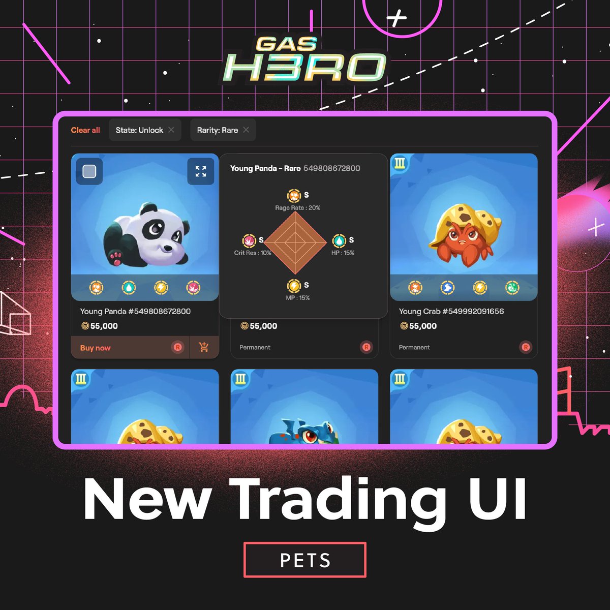 Introducing the Pet Trading UI for <a href="/GasHeroOfficial/">For more details, please refer to @2184Official</a> on #MOOAR 🐼

Dive into our new interface at bit.ly/3NRday0 &amp; discover the companions for your heroes. Pets can turn the tide of battle in #GasHero. 

Let's dig into the features of these adorable allies ⤵️ [1/4]