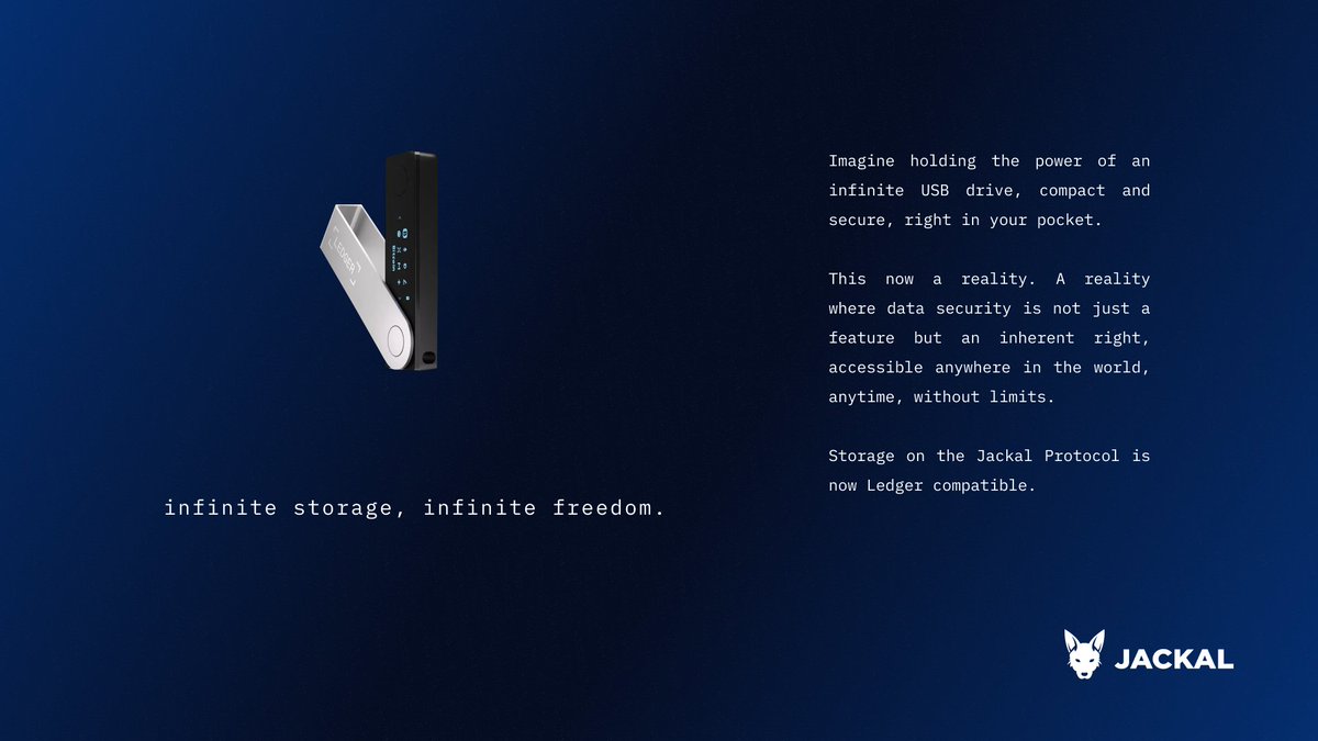 Jackal_Protocol's tweet image. If you own a @ledger device... 

You have an infinite USB drive. 

Storage on the Jackal Protocol is now Ledger compatible. 

Read the full blog: jackalprotocol.com/blog/jackal-me…