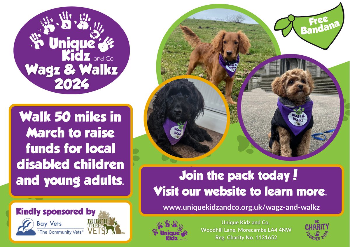 Walk 50 miles throughout March with your pooch.
Raise money on your own Facebook fundraising page.
Change the lives of local disabled young people.
Take photos of your journey and share them in the group.
Sign up now to order your free dog-bandana👇
uniquekidzandco.org.uk/wagz-and-walkz/