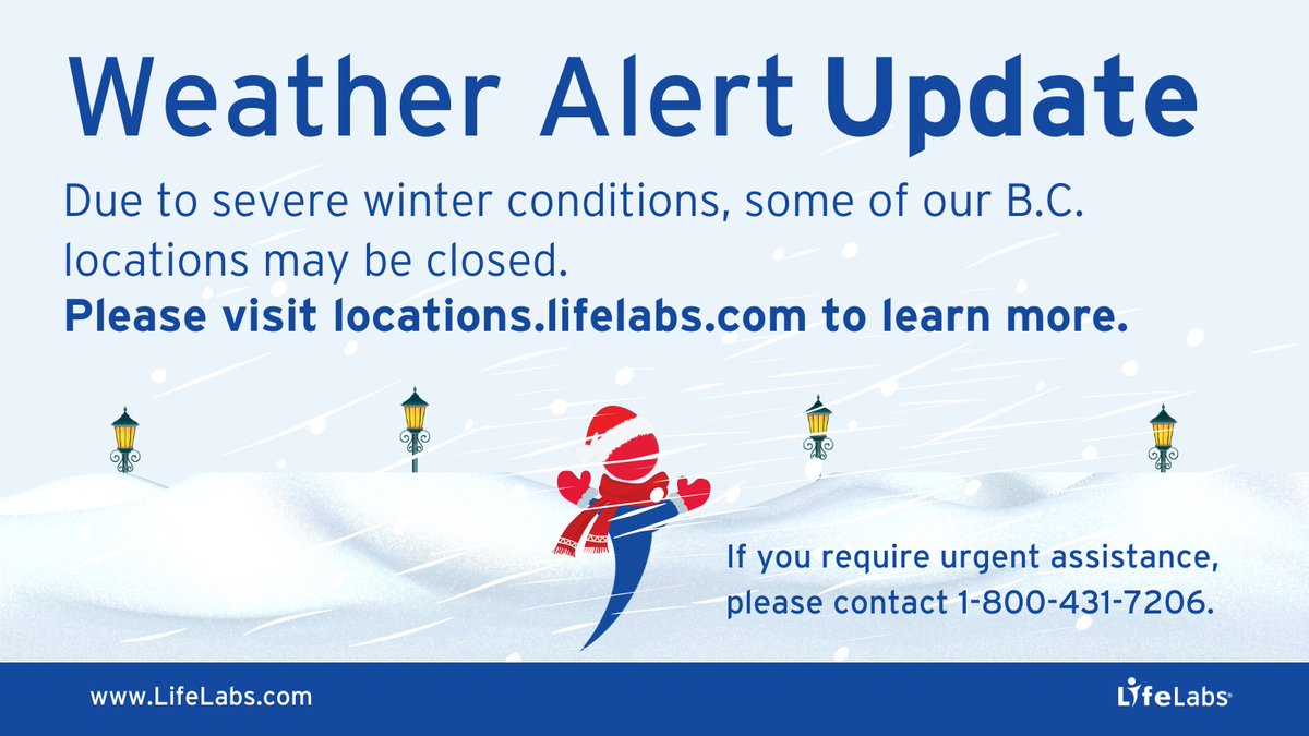 ATTN B.C.! Due to heavy snowfall, some of our patient service centres(PSC) may be closed. Before planning your visit, please check the status of your PSC on our website for updates. Thank you for understanding! bit.ly/3jIu811