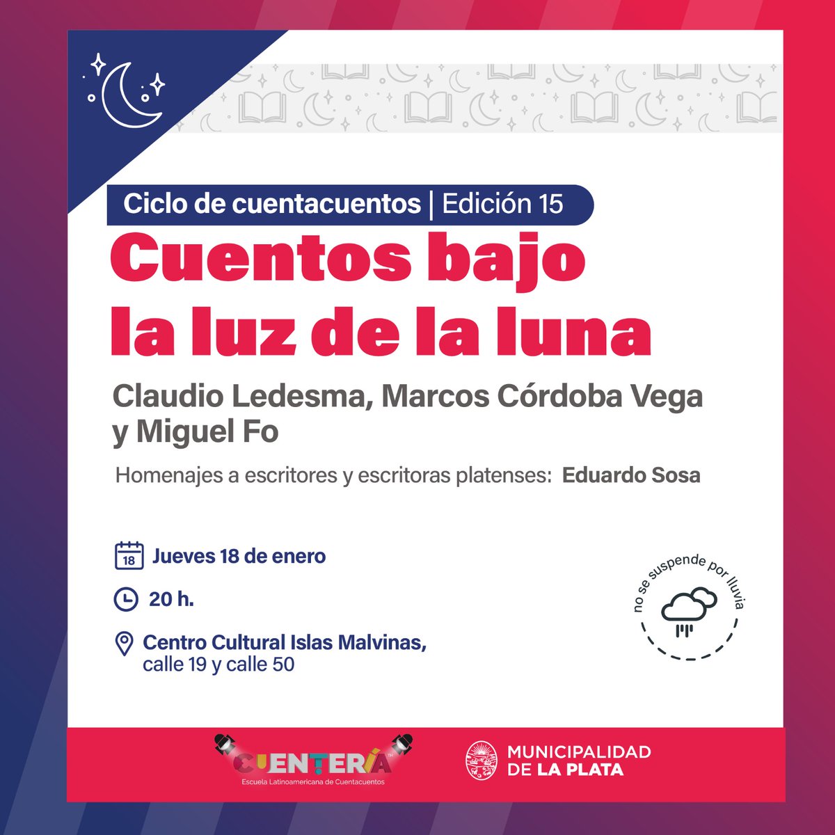 🥳 ¡Es hoy! 

🌕 Cuentos bajo la luz de la luna es un planazo. Ahora más aún que tiene homenaje a escritores y escritoras de nuestra hermosa ciudad. ¡Te esperamos! 🙌🏼