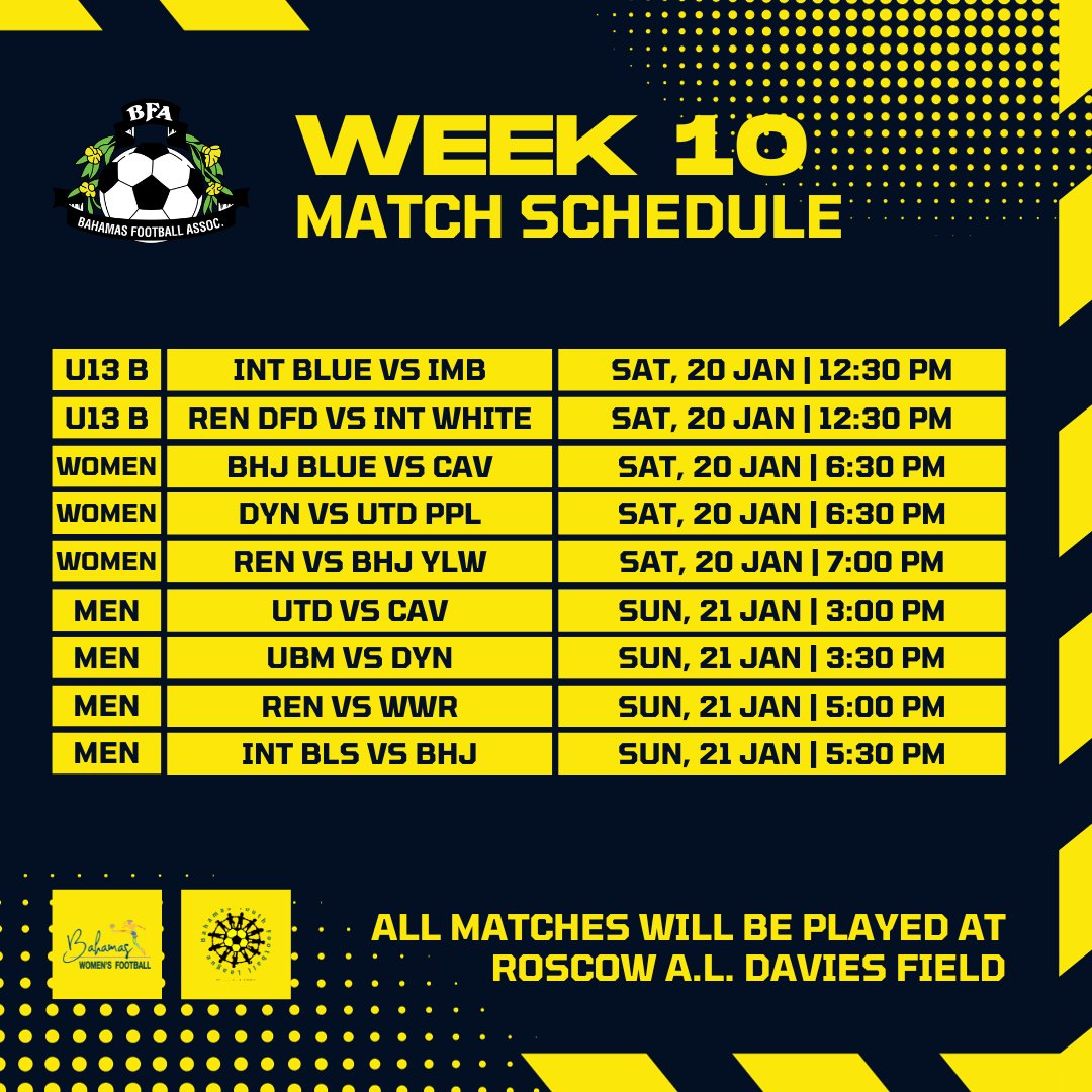 🗓️ Big week of football at BFA! Catch exciting matches across all leagues starting Wed. U18 clashes, Sat's packed youth & women's games, and Sun's men's league battles. All the action unfolds at RALD. Be there to support! ⚽🎉 #BFASoccer #AmateurFootball #WeeklyMatchup