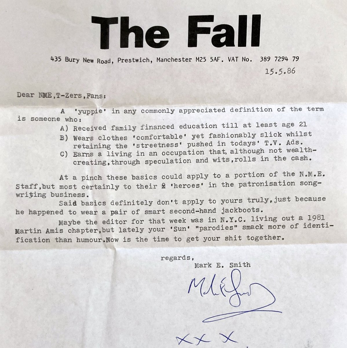 'Now is the time to get your shit together.' Mark E. Smith responds to the @NME calling him a yuppie in 1986.