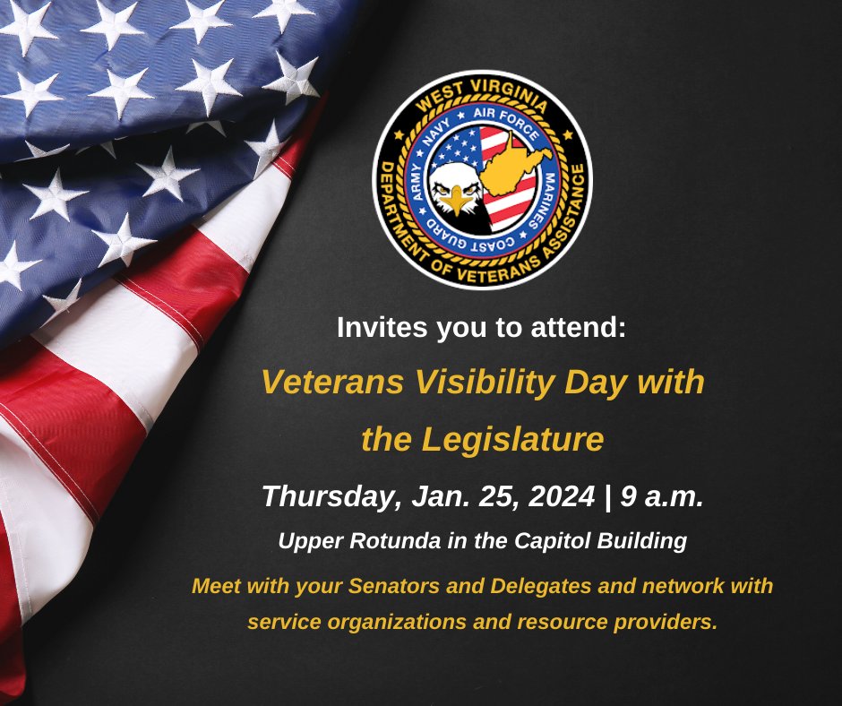 Join us next week for Veterans Visibility Day at the Capitol! Meet with Legislators, network with service organizations and resource providers and sign up for benefits! Light refreshments will be provided by AARP and the American Legion of WV. veterans.wv.gov/events/Pages/e…