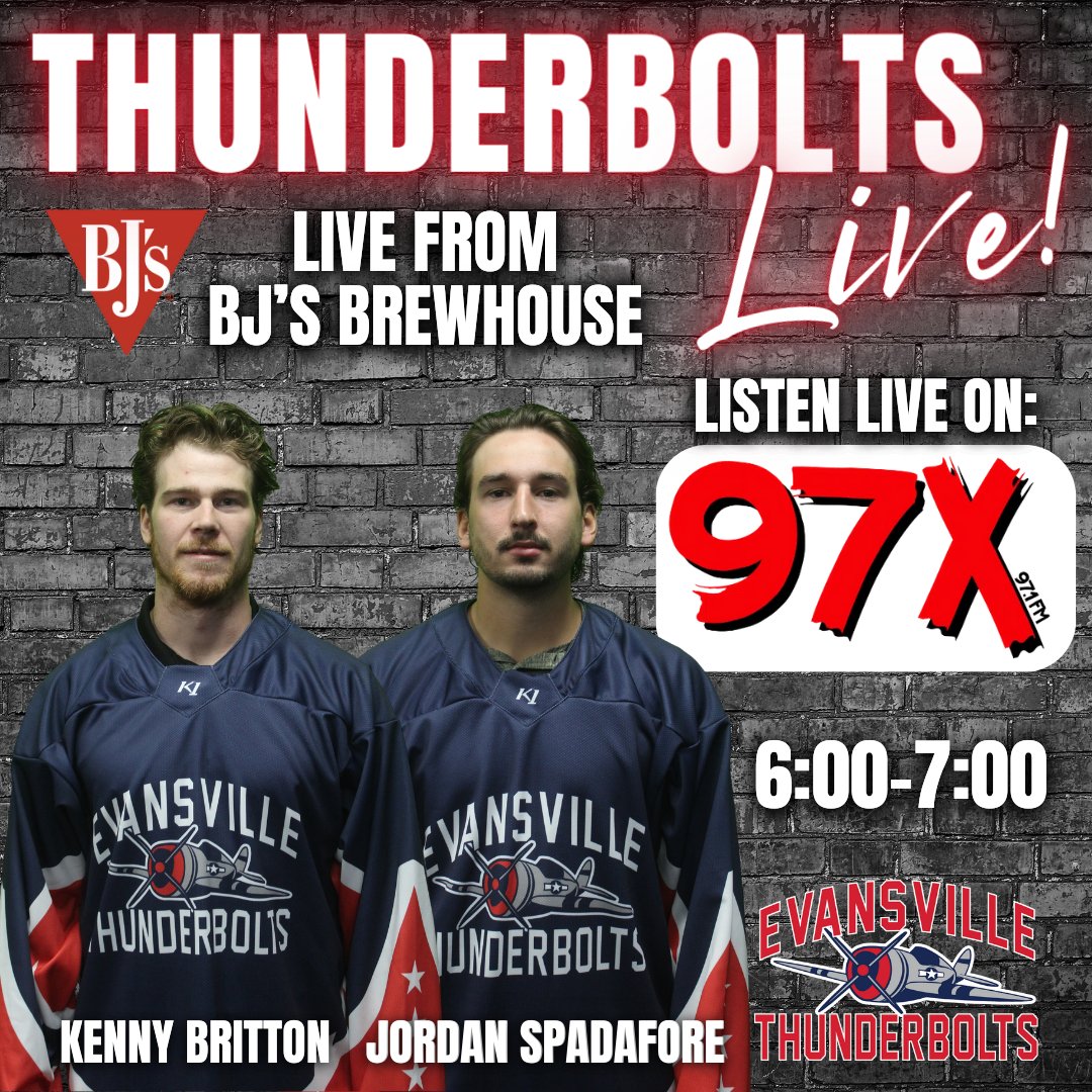 evvthunderbolts's tweet photo. Join us tonight at BJ's Brewhouse with special guests Kenny Britton and Jordan Spadafore!

Tonight's Thunderbolts Live will be on 97x with @coachevans1973 and @StephenATurner! 

#LetsGoBolts | #WhoseHouse https://t.co/hOCPCI9pbV