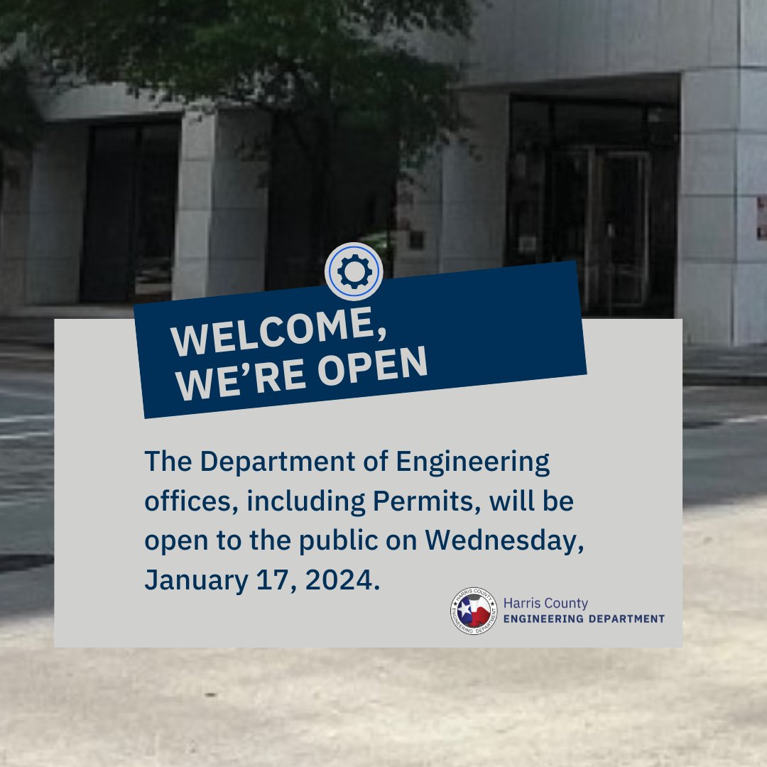 HCEDPermits's tweet photo. The Department of Engineering offices, including Permits, will be open to the public on Wednesday, January 17, 2024.
#hcpermits #hced #officeopening #winterweather https://t.co/mBVUHz2hYO