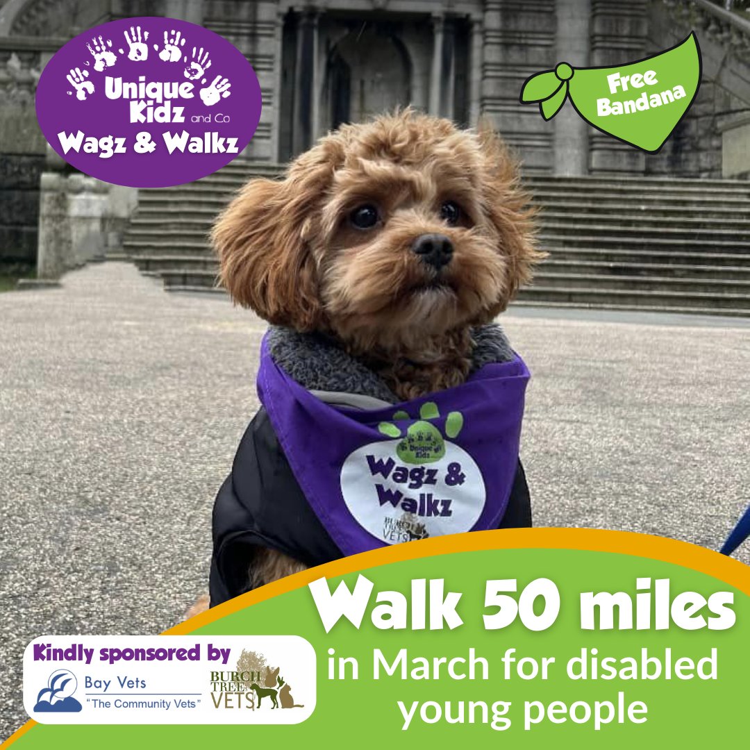 Walk 50 miles throughout March with your pooch.
Raise money on your own Facebook fundraising page.
Change the lives of local disabled young people.
Take photos of your journey and share them in the group.
Sign up now to order your free dog-bandana👇
uniquekidzandco.org.uk/wagz-and-walkz/