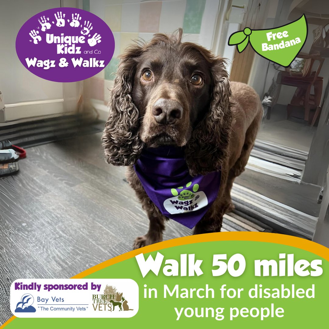 Walk 50 miles throughout March with your pooch.
Raise money on your own Facebook fundraising page.
Change the lives of local disabled young people.
Take photos of your journey and share them in the group.
Sign up now to order your free dog-bandana👇
uniquekidzandco.org.uk/wagz-and-walkz/
