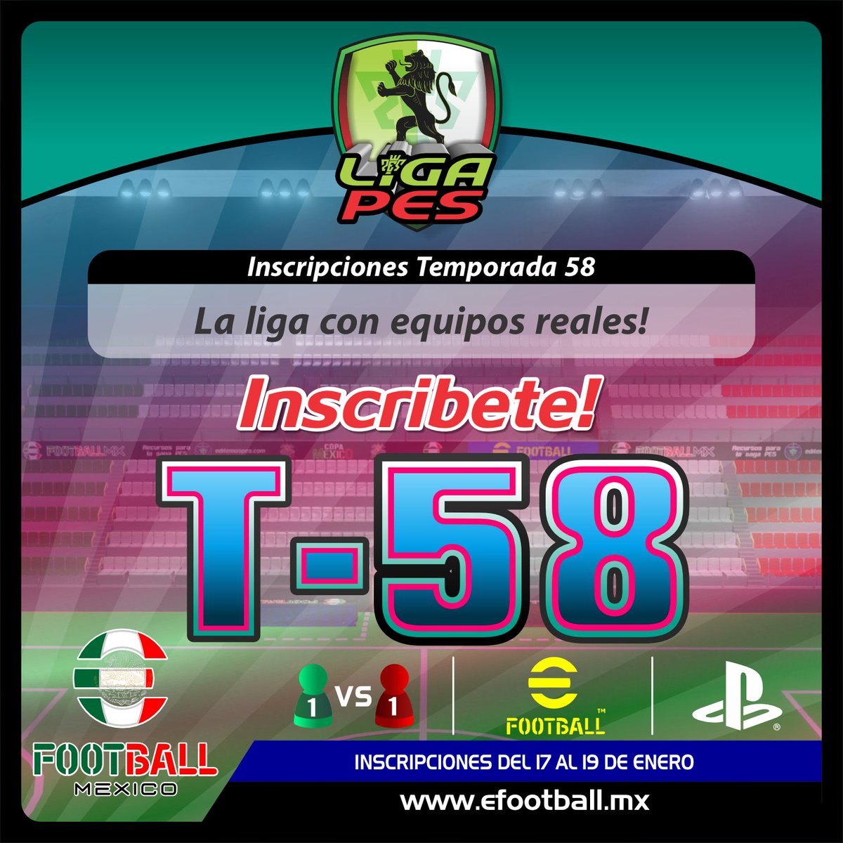 INSCRIPCIONES ABIERTAS
LIGA PES TEMPORADA 58 PLAYSTATION

LA LIGA CON EQUIPOS REALES!!

INFORMES: efootball.mx/index.php/liga…
