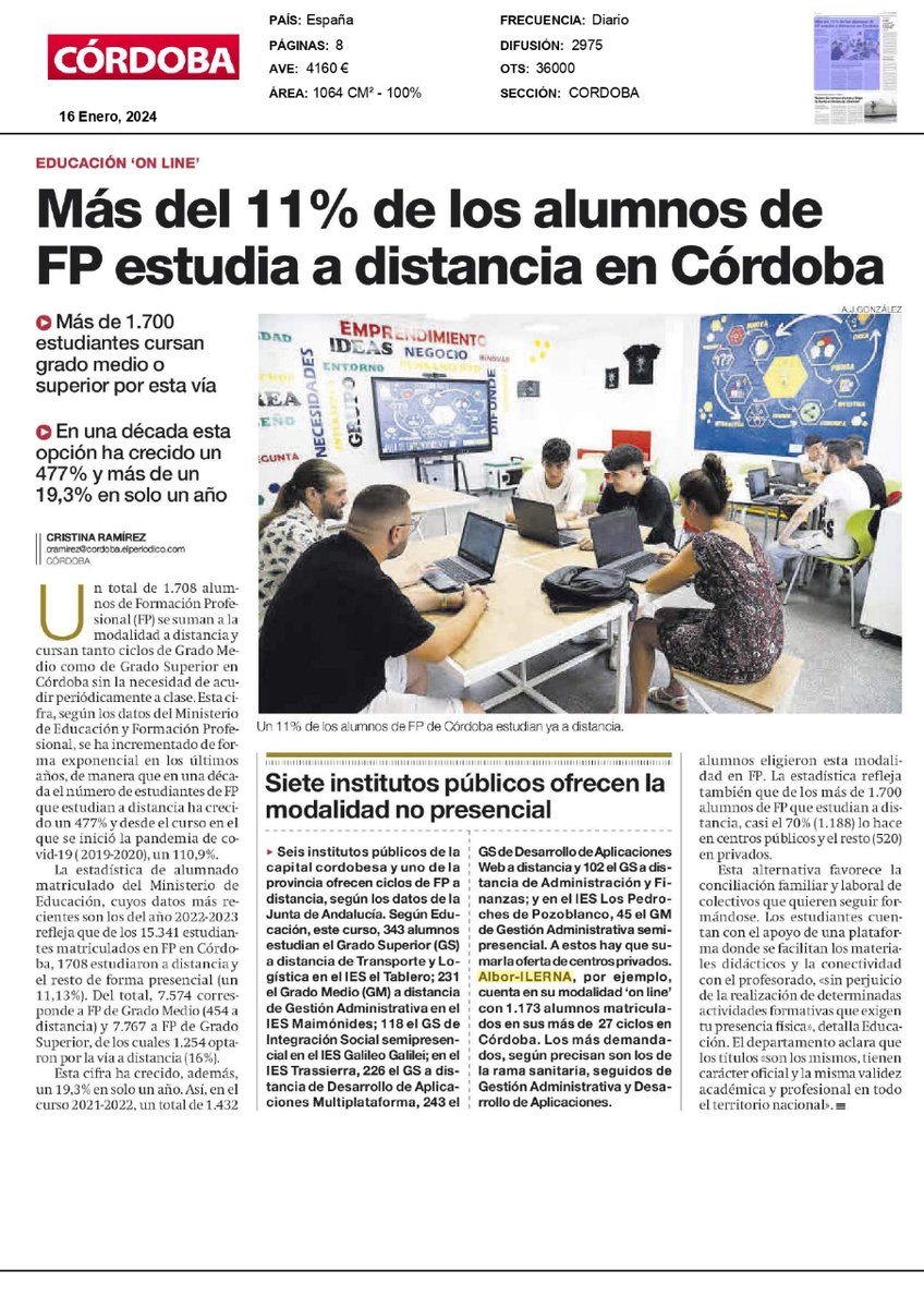 Más del 11% de los alumnos de FP estudia a distancia en Córdoba.

Esta opción ha crecido un 477% en la última década. Conoce más aquí 👇🏽

#LivingILERNA #FormaciónProfesional