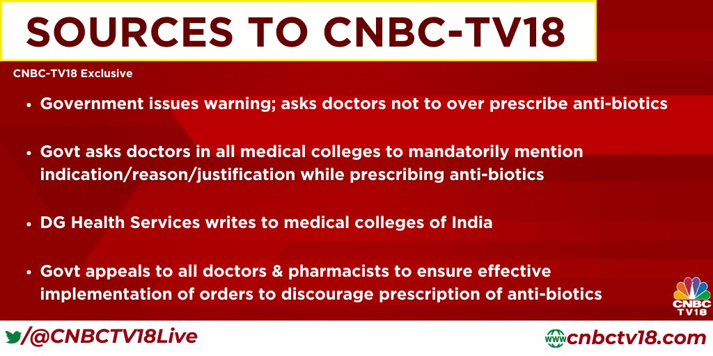 #CNBCTV18Exclusive | Government issues warning; asks doctors not to over prescribe anti-biotics &amp; asks doctors in all medical colleges to mandatorily mention indication/reason/justification while prescribing anti-biotics, sources to <a href="/TimsyJaipuria/">Timsy Jaipuria</a>