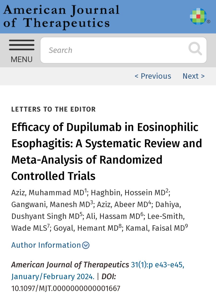 Dushyant Singh Dahiya, MD (@dushdahiya) on Twitter photo 🌟New Pub🌟
Efficacy of Dupilumab in EoE: A Meta-Analysis of RCTs📊 <a href="/AmJThera/">AmJThera</a>
journals.lww.com/americantherap…
<a href="/Aziz_M50/">Muhammad Aziz</a> <a href="/mk_gangwani/">Manesh Kumar Gangwani, MD MPH</a> <a href="/hassamalii/">Hassam Ali, MD</a> <a href="/HemantGoyalMD/">Hemant Goyal</a> <a href="/DrFkamal/">Faisal Kamal</a> <a href="/AmerGastroAssn/">American Gastroenterological Association (AGA)</a> <a href="/AmCollegeGastro/">ACG</a> <a href="/ASGEendoscopy/">ASGE GI Endoscopy</a> <a href="/AASLDtweets/">AASLD</a> <a href="/AASLDFoundation/">AASLD Foundation</a> #GITwitter #MedTwitter #MedEd #ACG 🌟New Pub🌟
Efficacy of Dupilumab in EoE: A Meta-Analysis of RCTs📊 <a href="/AmJThera/">AmJThera</a>
journals.lww.com/americantherap…
<a href="/Aziz_M50/">Muhammad Aziz</a> <a href="/mk_gangwani/">Manesh Kumar Gangwani, MD MPH</a> <a href="/hassamalii/">Hassam Ali, MD</a> <a href="/HemantGoyalMD/">Hemant Goyal</a> <a href="/DrFkamal/">Faisal Kamal</a> <a href="/AmerGastroAssn/">American Gastroenterological Association (AGA)</a> <a href="/AmCollegeGastro/">ACG</a> <a href="/ASGEendoscopy/">ASGE GI Endoscopy</a> <a href="/AASLDtweets/">AASLD</a> <a href="/AASLDFoundation/">AASLD Foundation</a> #GITwitter #MedTwitter #MedEd #ACG
