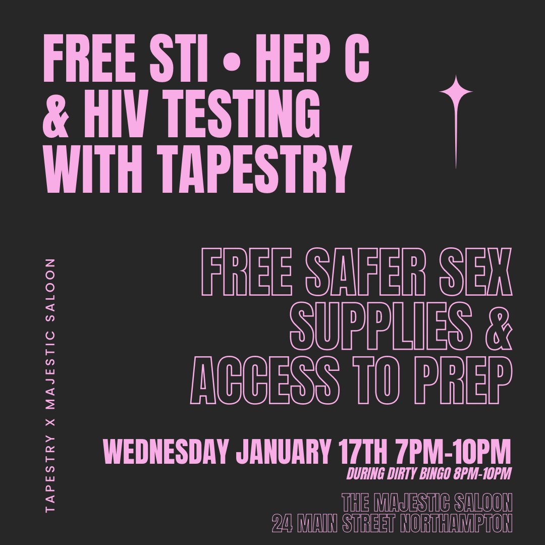 TONIGHT Tapestry will be at The Majestic Saloon in Northampton from 7PM-10PM during Dirty Bingo offering FREE STI, Hep C, and HIV Testing plus FREE safer sex supplies and access to PrEP. #harmreductionsaveslives #northampton