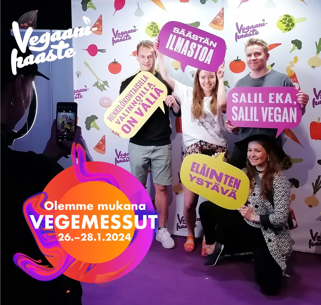 #Vegaanihaaste on mukana Vegemessuilla Kaapelitehtaalla 26.–28.1. 🎉Tervetuloa pisteellemme osallistumaan somekuvakisaan, jossa jokainen jaettu kuva voittaa palkinnon!

Lisäksi pisteellämme on myynnissä keittokirjoja sekä tukituotteita.

Lue lisää: vegemessut.fi