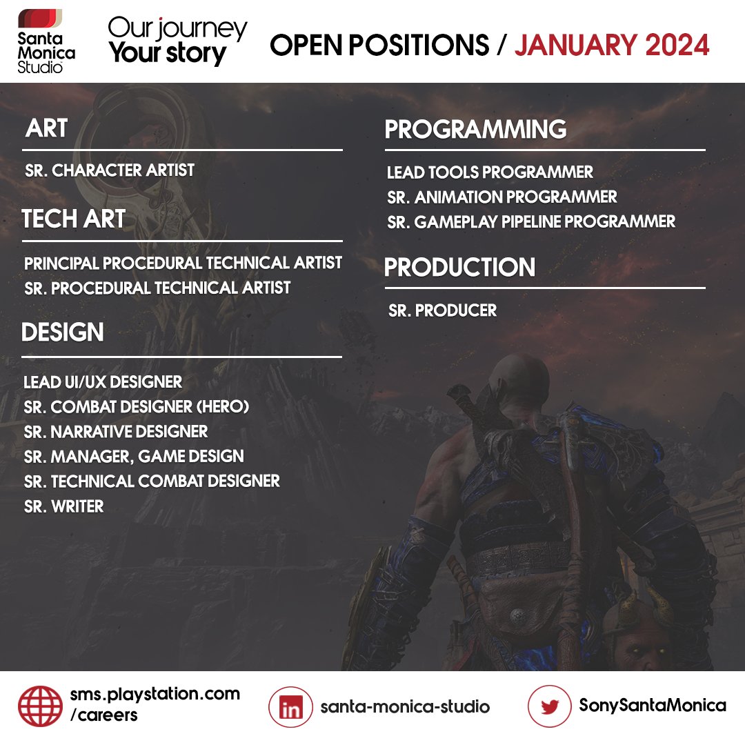 SonySantaMonica's tweet image. SMS is looking for passionate programmers, artists, and designers to help us tell new genre-defining stories! Check out this month&apos;s open positions: 👉   bit.ly/3UlYETh
 
#SMSCareers #Gamejobs #GameDevJobs #GameDev
