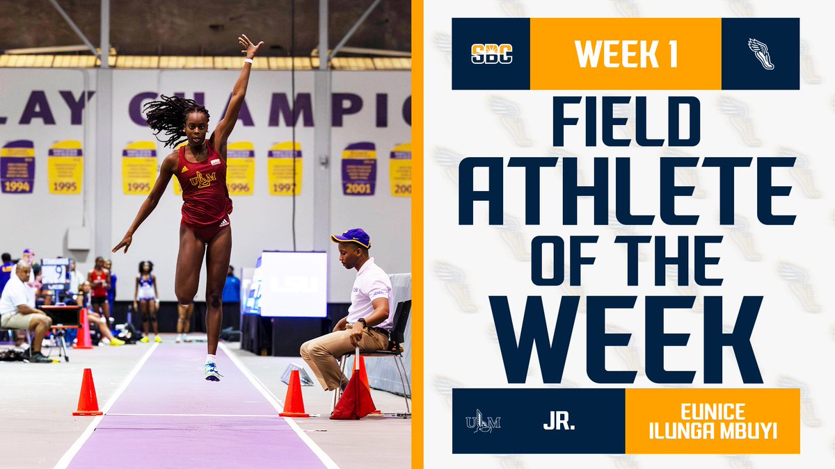 SunBelt's tweet photo. 𝗪𝗜𝗡𝗡𝗜𝗡𝗚 𝗪𝗔𝗥𝗛𝗔𝗪𝗞.

@ULM_Track’s Eunice Ilunga Mbuyi leads the Sun Belt after winning the triple jump with a mark of 12.85m/42-2 to earn the first #SunBeltTF Women’s Indoor Field Athlete of the Week this season. ☀️👟

📰 » https://t.co/yxw1IQXsnp https://t.co/rLXBSIuTIc