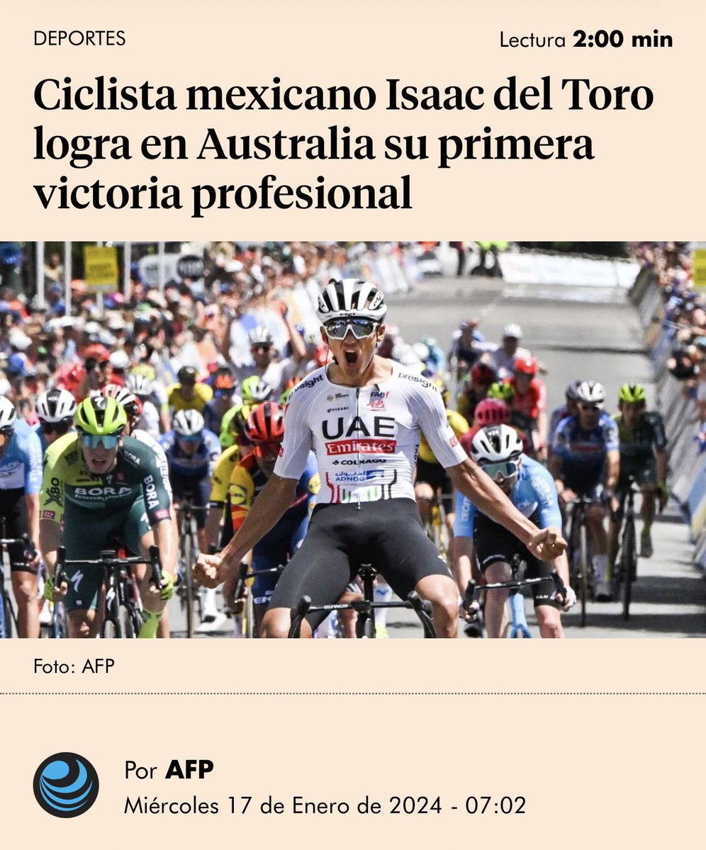 maria_ariza's tweet photo. Tremendo lo que está logrando nuestro @ISAACDELTOROx1 ganando la etapa de hoy y liderando la carrera del Tour Down Under en Australia. Este es nuestro mexicano de 20 años! https://t.co/V3QCKbvY0U