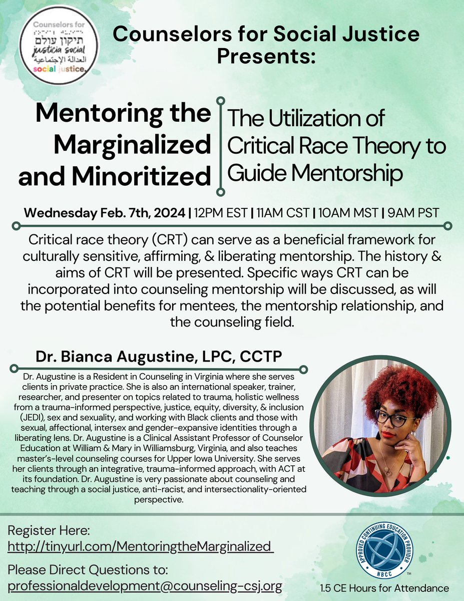 Join me for February's @CSJNational webinar! I'll be presenting on the ways we can better mentor counseling trainees of oppressed & marginalized identities using #CriticalRaceTheory principles. Register at  tinyurl.com/MentoringtheMa… 

#counseling #leadership #ACA #CSJ #mentoring