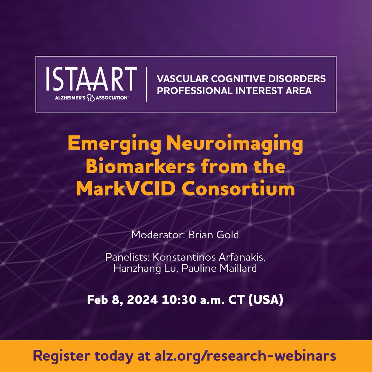 Check out @VascularPIA's next webinar re. neuroimaging 🧠biomarkers from MarkVCID. Go here to register 👉 training.alz.org/products/4667/…