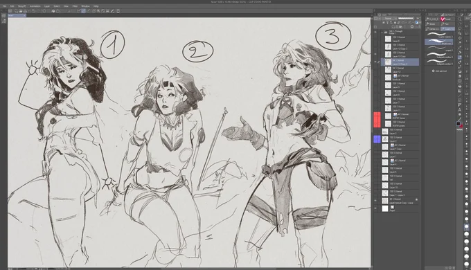 Some sketches (let me know which one you like more) between commissions. have a nice drawing day!
#rogue #CLIPSTUDIOPAINT #huion #art 