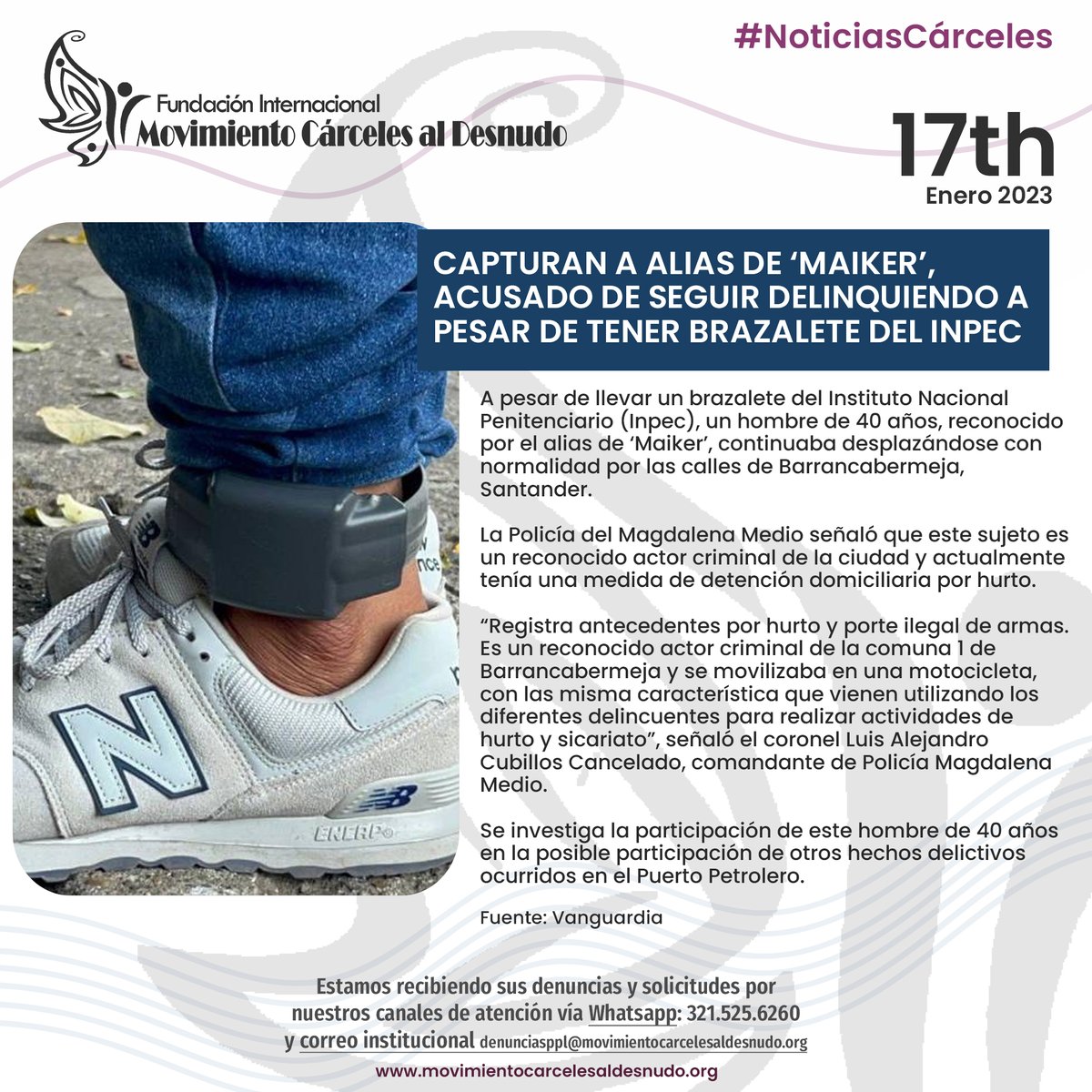 FundacionMCD's tweet photo. #NoticiasCárceles A pesar de llevar un brazalete del Instituto Nacional Penitenciario (Inpec), un hombre de 40 años, reconocido por el alias de ‘Maiker’, continuaba desplazándose con normalidad por las calles de Barrancabermeja, Santander. https://t.co/cpXF3zr70m