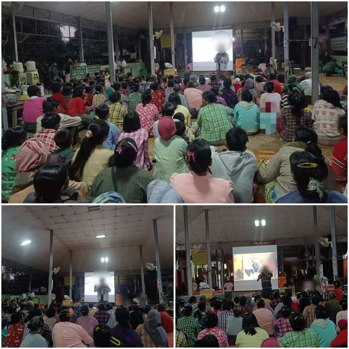 AyeAye03492103's tweet photo. Public Strike Leading Committee of #Wetlet Two joined together with local Residents & held #Sit_Down Strike Action , also showed Revolutionary Movies 🎥 against #MilitaryDictatorship in Wetlet Twp on January 16.
#WhatsHappeninglnMyanmar
#2024Jan17Coup
#MyanmarDemocracyMovement https://t.co/lBM492dxdd