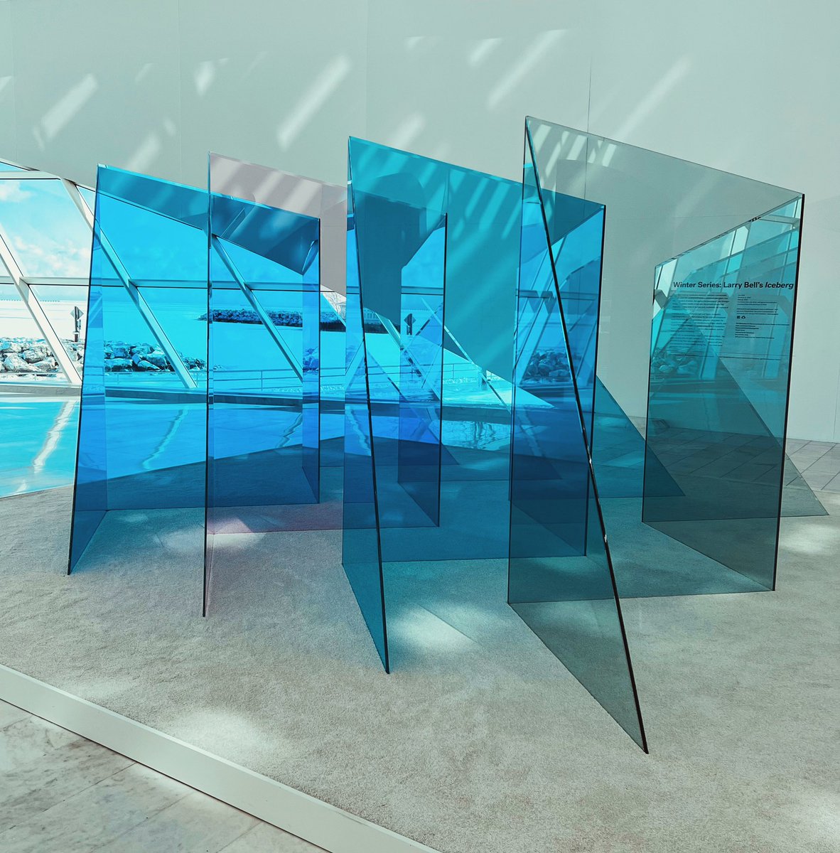 Moderneaire's tweet photo. Larry bells, “Iceberg” sculpture creates a polar plunge in Milwaukee. Viewing it in Windover hall beneath the Brise Soleil while listening to the artists suggested jazz composition is a titanic experience 

https://t.co/BR8xYwRoVO https://t.co/obQ2jHbZgR