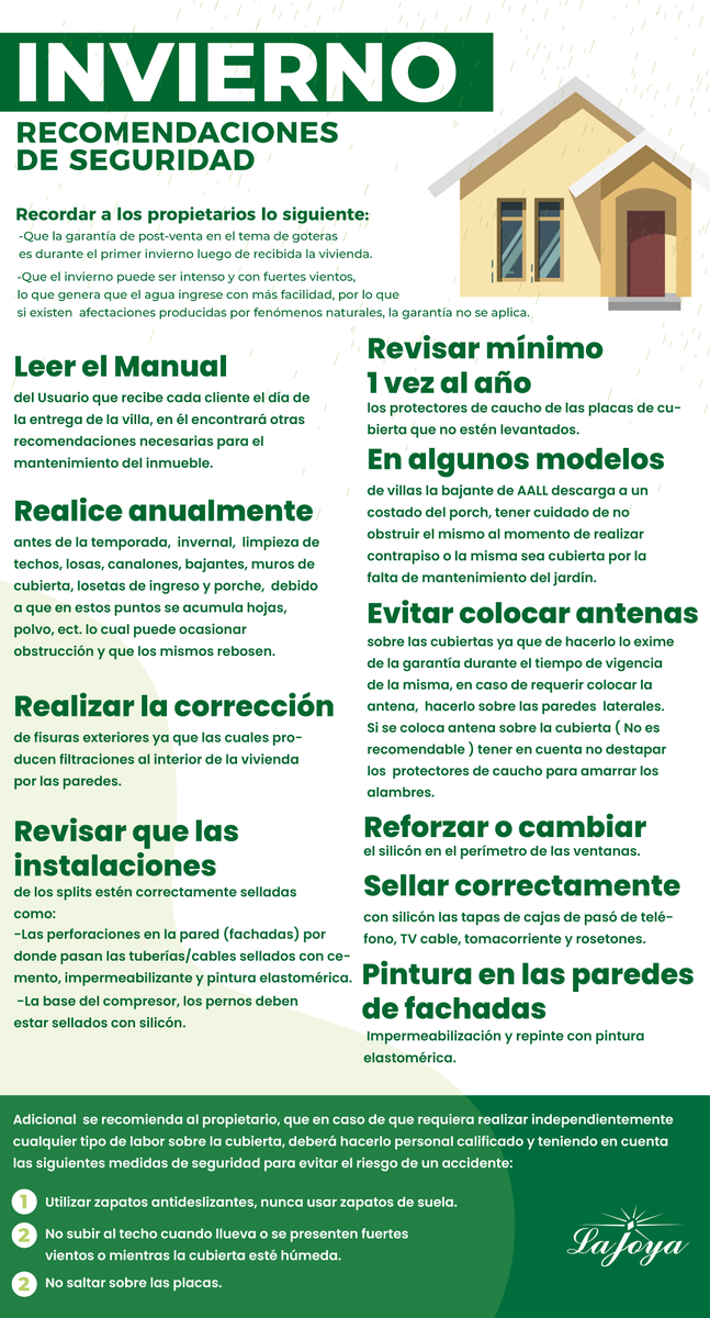 ¡Importante! Estimados residentes, con la llegada del invierno, 💦es importante que tomen las debidas precauciones para asegurar sus hogares. Les dejamos recomendaciones.🏡