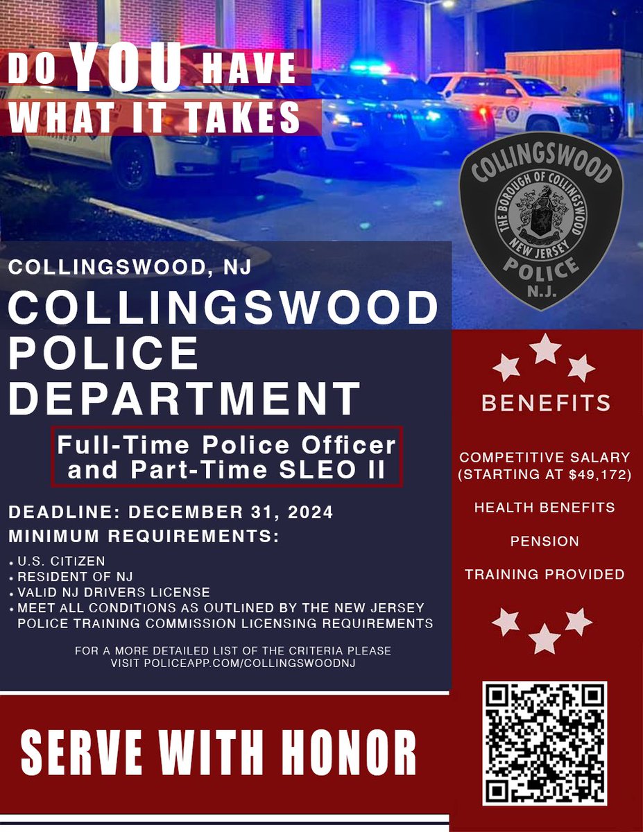 JOIN OUR TEAM!
Competitive salary/benefits, career advancement through transformational leadership, advanced training opportunities, vacation, personal and compensatory time off, and overtime opportunities. For more information and to apply, go to policeapp.com/Entry-Level-Co…