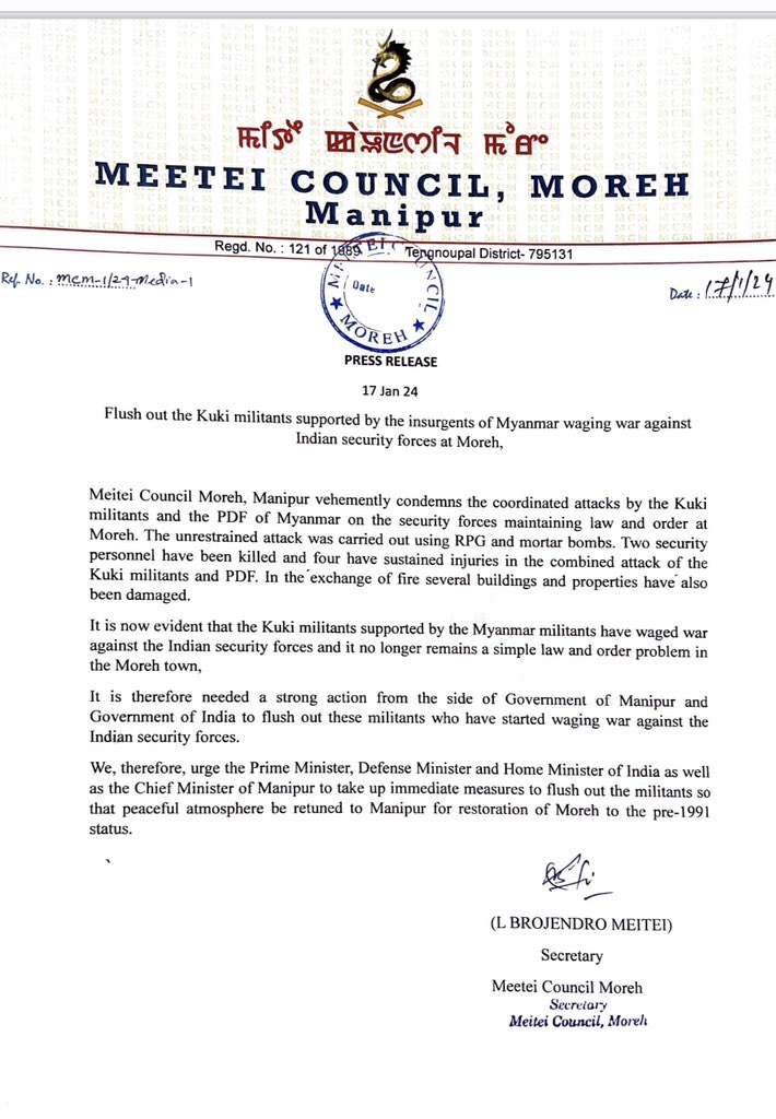 TheBlueHills49's tweet image. Flush out the #Kukimilitants supported by the insurgents of Myanmar waging war against #Indiansecurityforces at #Moreh 

Meitei Council Moreh, Manipur vehemently condemns the coordinated attacks by the Kuki militants and the PDF of Myanmar on the security forces maintaining law…