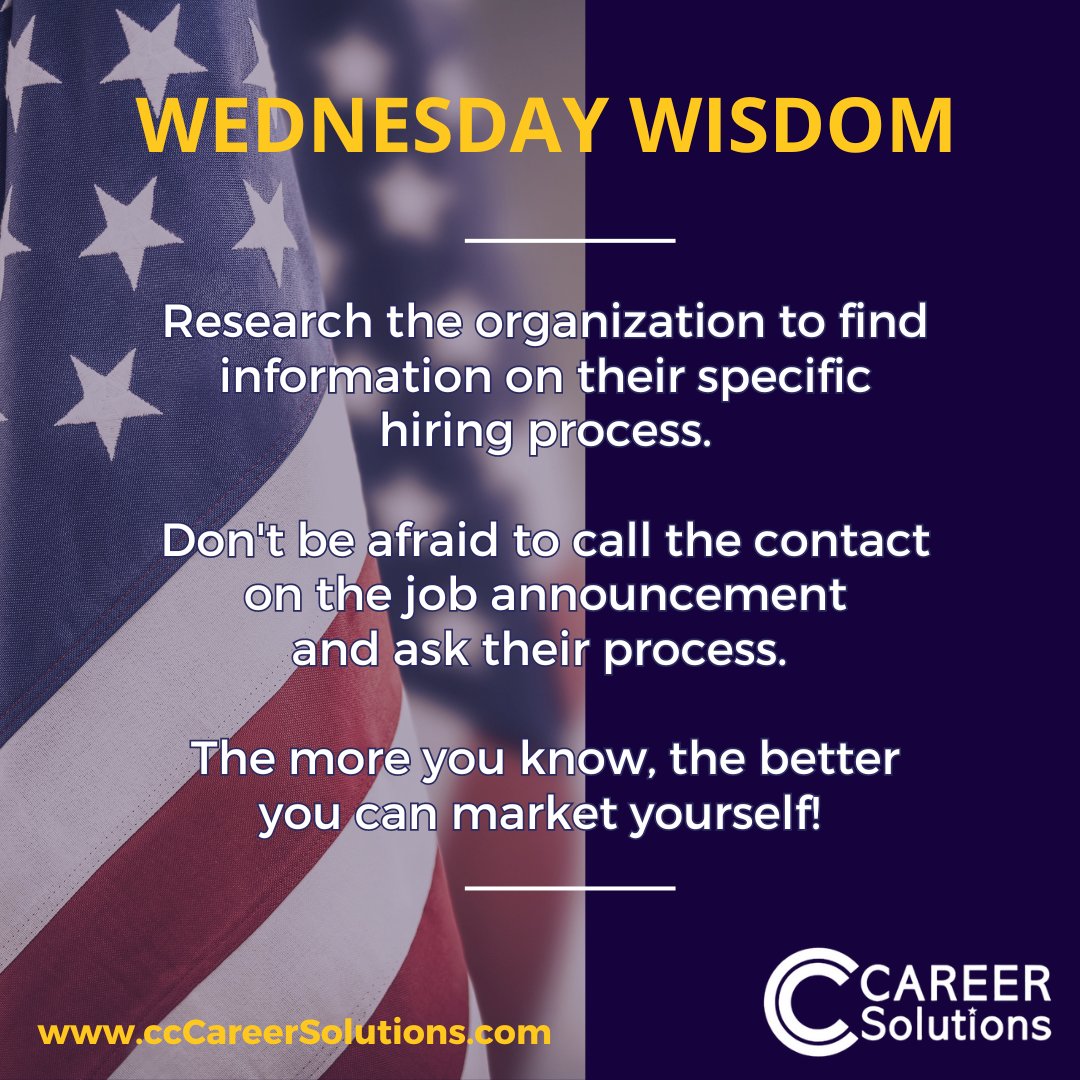 CamilleRoberts's tweet image. Research the agency’s hiring process! Take time to learn. Don't hesitate to call the contact person. The more you know, the better you can market yourself! What are you applying for this week? #PreQualify #FederalResume #USAJOBS #NailYourInterview #GetHired #WednesdayWisdom
