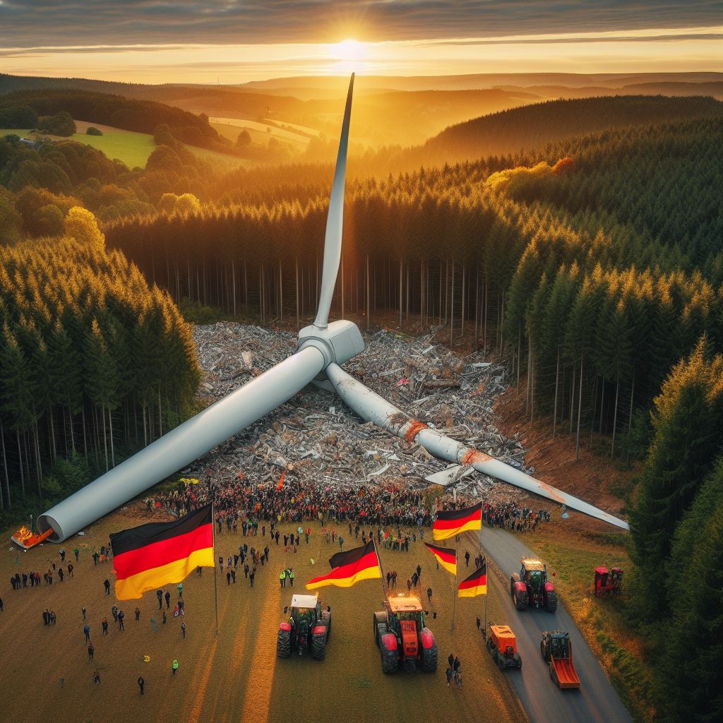 ReimondHoffmann's tweet photo. Die AfD regiert. Windkraftanlagen, die tausende Wildvögel töten, werden abgerissen und die Gebiete wieder unserem Wald zurückgegeben. Die Energieversorgung ist umweltfreundlich durch moderne und sichere Kerntechnik. Der Schutt wird wiederverwendet - Umweltschutz ist Heimatschutz