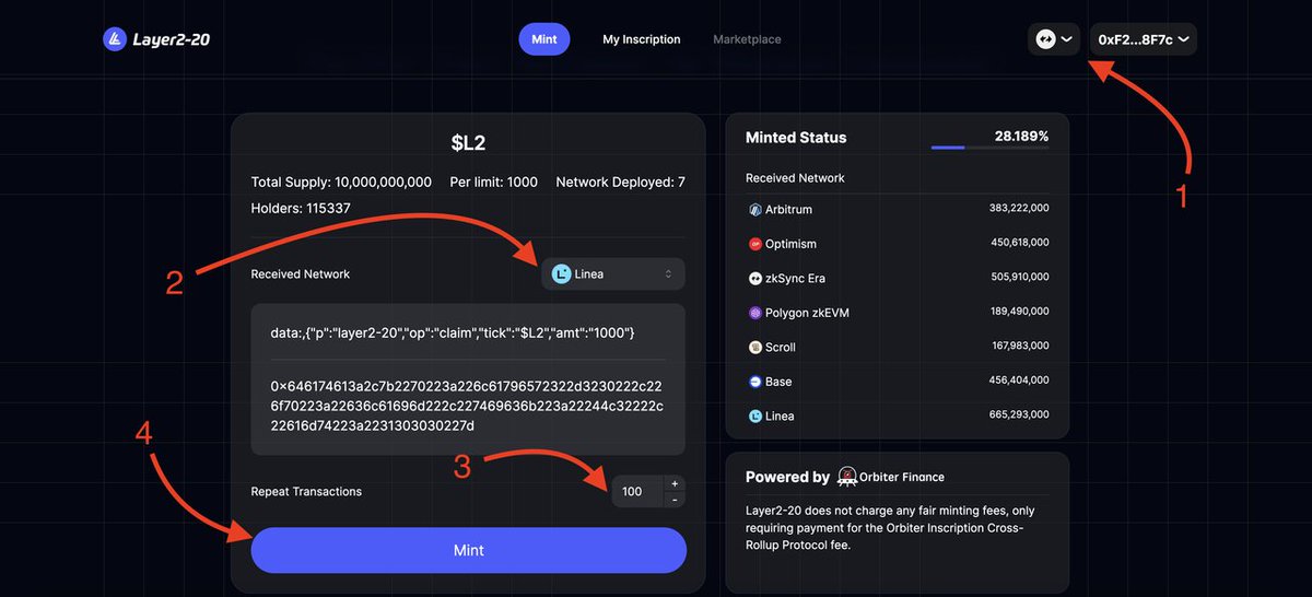 ⚡️I decided to conduct an experiment and perform all the actions that <a href="/Orbiter_Finance/">Orbiter Finance 🛸</a> suggests to us in order to gain my O-points.

ℹ️Now Orbiter offers us to complete a task related to the mint of the <a href="/Layer2_20/">layer2_20</a> inscriptions.

☑️ We need to do:
Go to the website