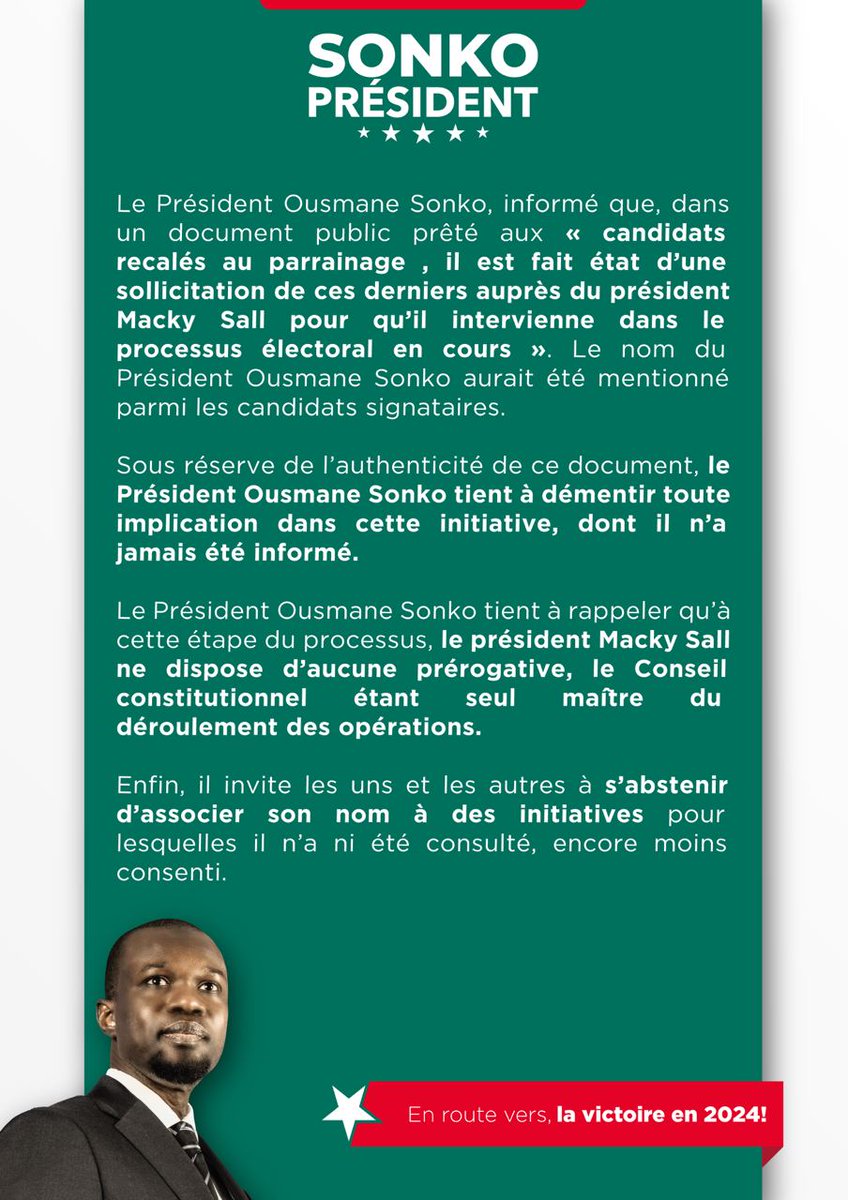 Le Président Ousmane Sonko, informé que, dans un document public prêté aux « candidats recalés au parrainage », il est fait état d’une sollicitation de ces derniers auprès du président Macky Sal pour qu’il intervienne dans le processus électoral en cours ». Le nom du Président…