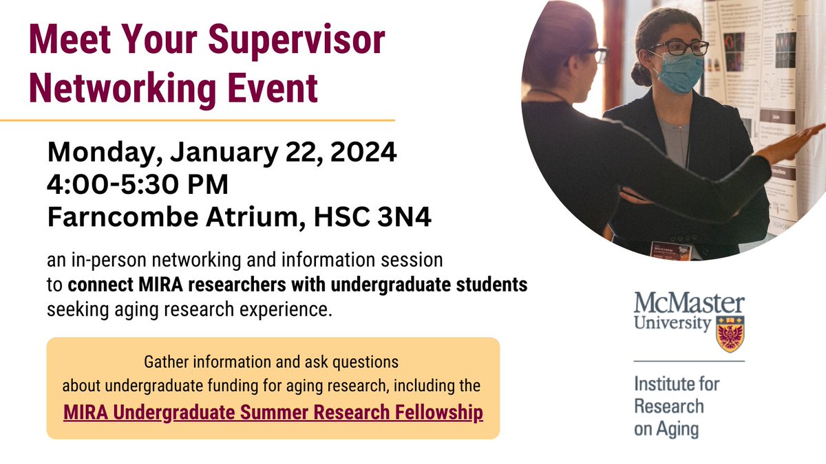 Join us Monday, January 22 at 4 PM for 'Meet Your Supervisor,' a networking event connecting McMaster researchers with undergraduate students seeking aging research experience. Snacks provided! Register here: Student: docs.google.com/forms/d/e/1FAI… Researcher: surveymonkey.com/r/2024_USRF_Ev…