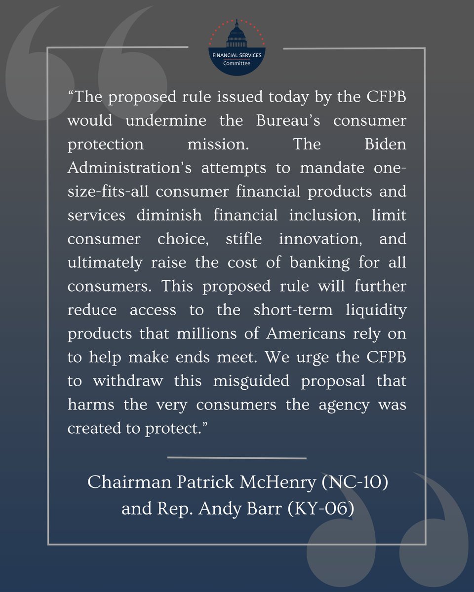 #NEW: Chairman @PatrickMcHenry and @RepAndyBarr release a joint statement bashing the @CFPB's harmful overdraft proposal. 👇 Read more 🔗 financialservices.house.gov/news/documents…