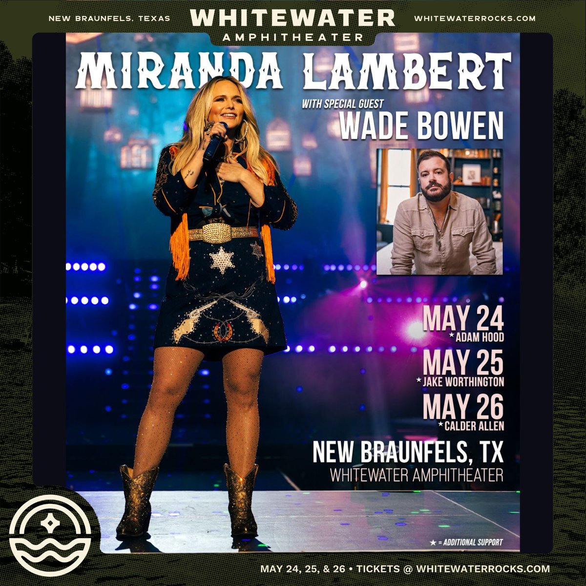 Memorial Day Weekend will be here before you know it! Spend it on the river, under the stars w/ @mirandalambert & special guest @WadeBowen + @adamhoodmusic (5/24), @jakeworthington (5/25), and Calder Allen (5/26) ✨ Tix: whitewaterrocks.com #mirandalambert #wadebowen #nbtx