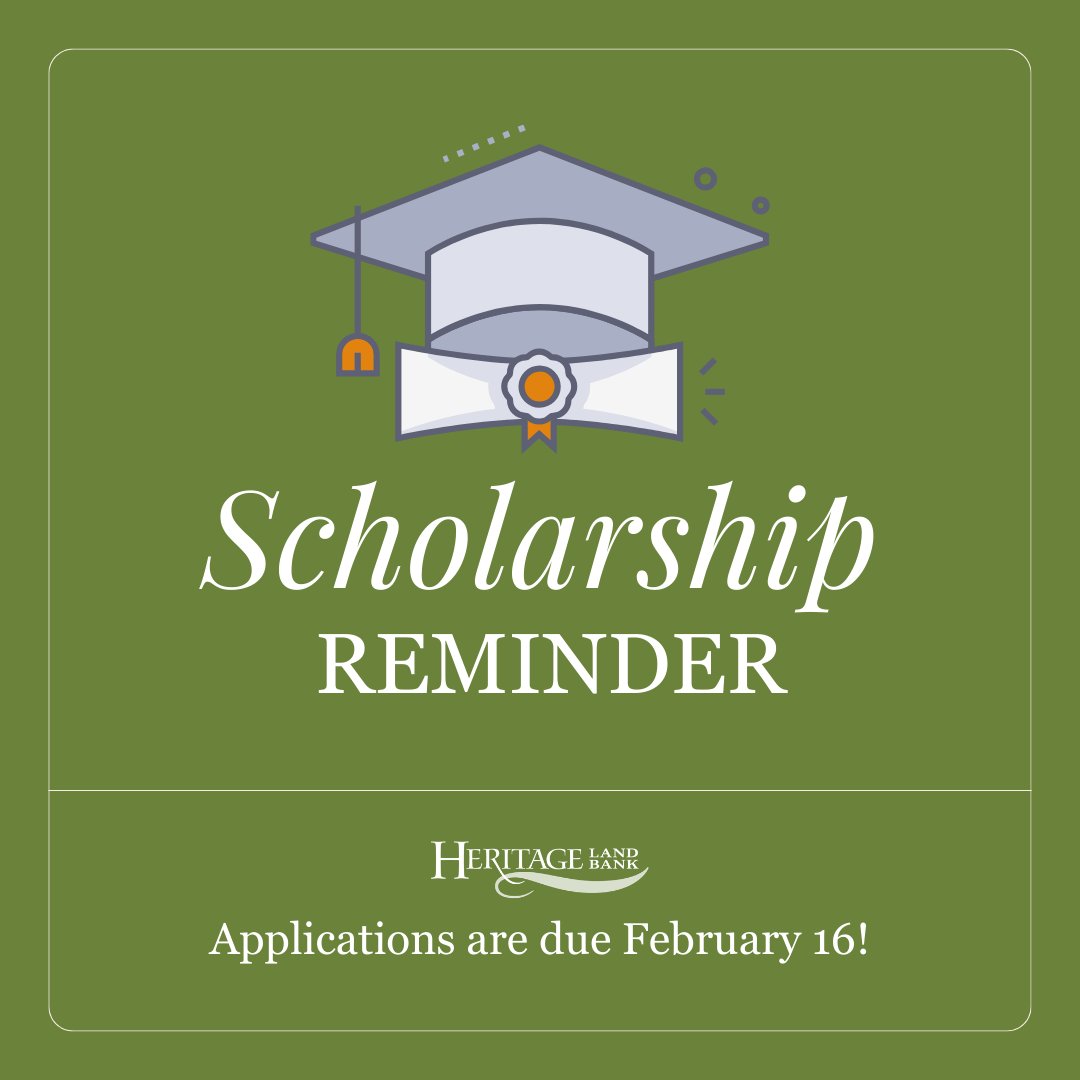 If you're a graduating senior with dreams of higher education, this is your chance to shine! 🌟 You can set your sights on a brighter future through our scholarship program. Remember, the closing date is Friday, February 16 at 5 p.m. CST. Apply now! heritagelandbank.com/about/scholars…