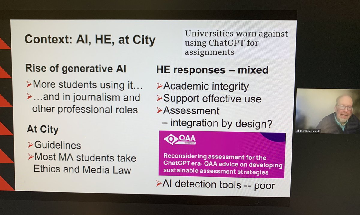 Always one of the benefits of our network - learning from colleagues across member universities in the Assn for Journalism Education. Here @jonhew shares how they are involving AI in their teaching at City University. #AJEWinterConf2024 @TheAJEUK