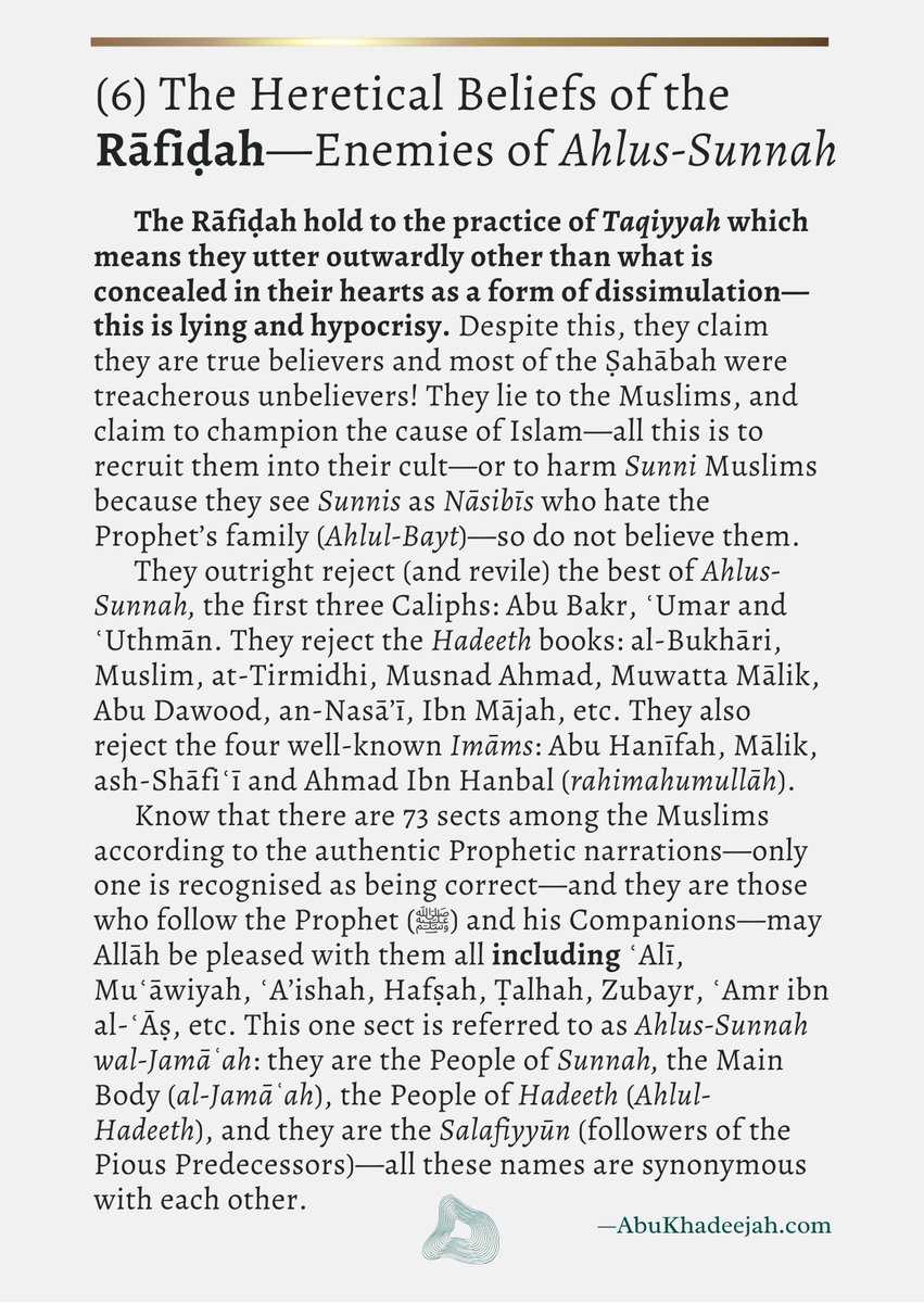 AbuKhadeejahSP's tweet photo. 2/2 The devil’s deception of Daniel Haqiqatjou: his deliberate dissimulation and pact with the Twelver Rāfidah Shiʿah sect aimed at dismantling the Islamic Creed (ʿAqeedah) and the Sunnah. Read some more of the heretical beliefs of the Ithnā ʿAshariyah from their own sources: https://t.co/OUq30Us6g1