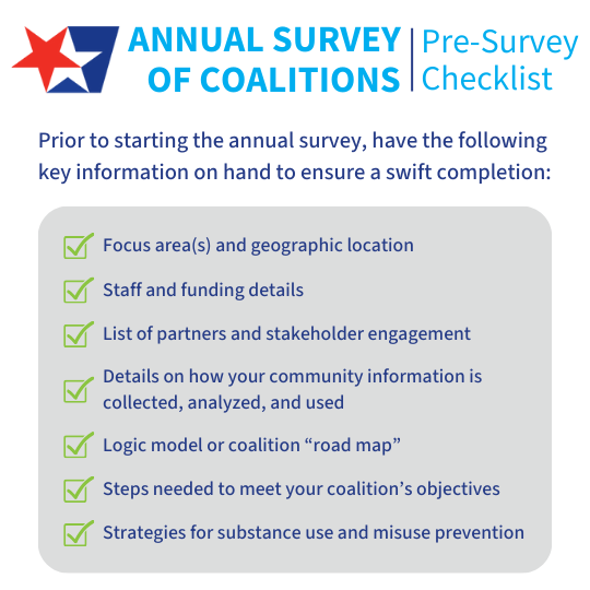 The 2024 Annual Survey of Coalitions is live! 📨🎉
When you're ready, send an email to survey@cadca.org with the subject "Please send me a personalized link for the Annual Survey of Coalitions" and you're already halfway done!