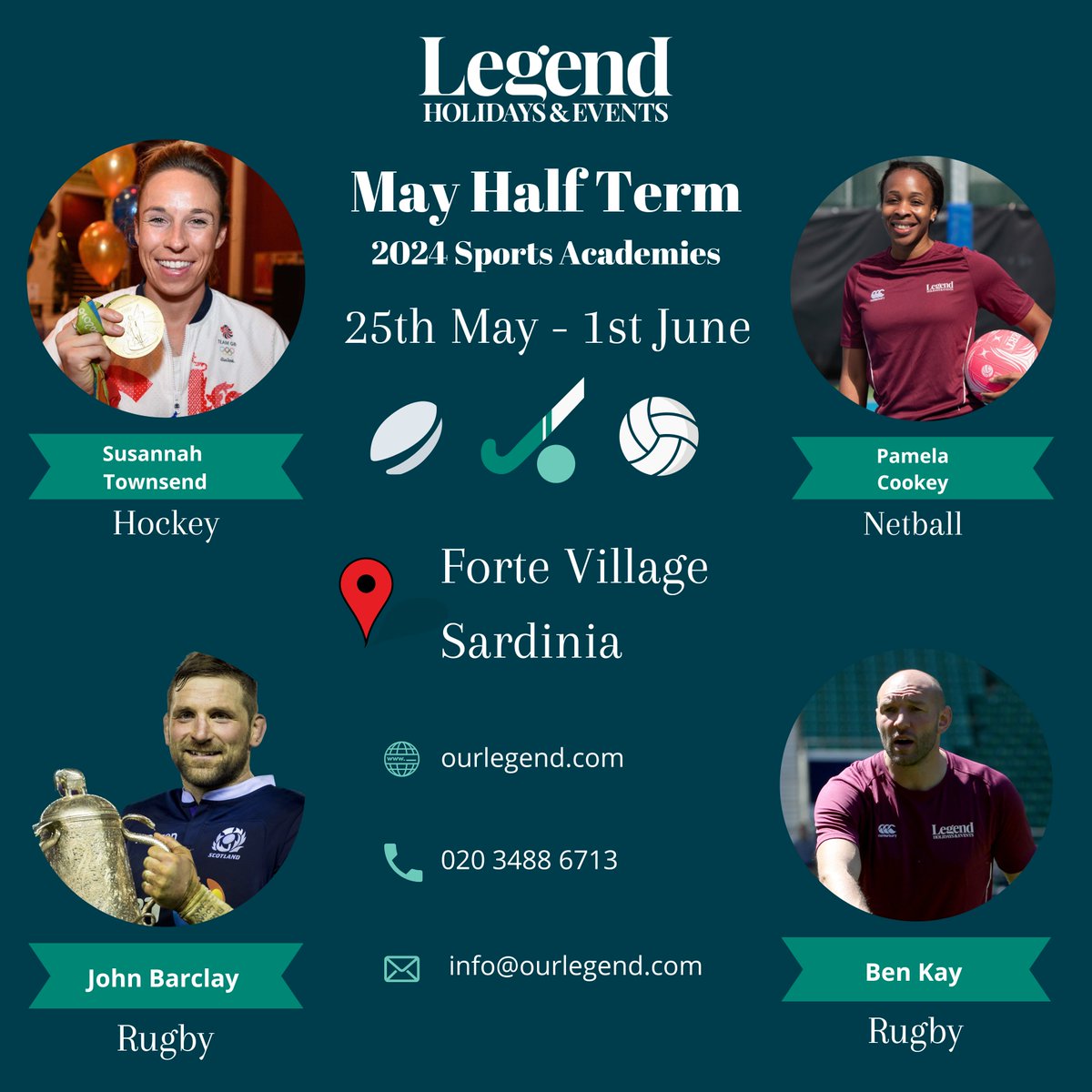 We are excited to introduce our May Half Term line-up for our sports academies at @Forte_Village! 25th May - 1st June: 🏉 @BenKay5 🏉 @johnbarc86 🏐 @PamelaCookey 🏑 @stownsend7 Head to ourlegend.com/holidays/forte… to enquire! 💙