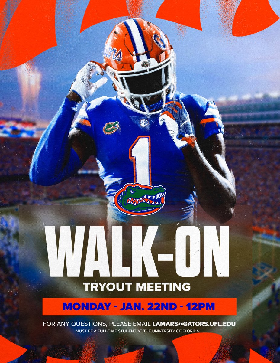 Be a part of the #UFuture! 🐊 Walk-on meeting — - Monday, January 22nd at Noon - Must be full-time @UF student #GoGators